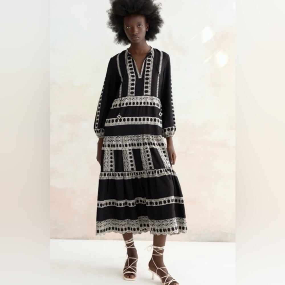 (B4) ZARA MIDI EMBROIDERY LONG SLEEVE BLACK DRESS S22 SIZES XS REF.4786/066 - Picture 14 of 16